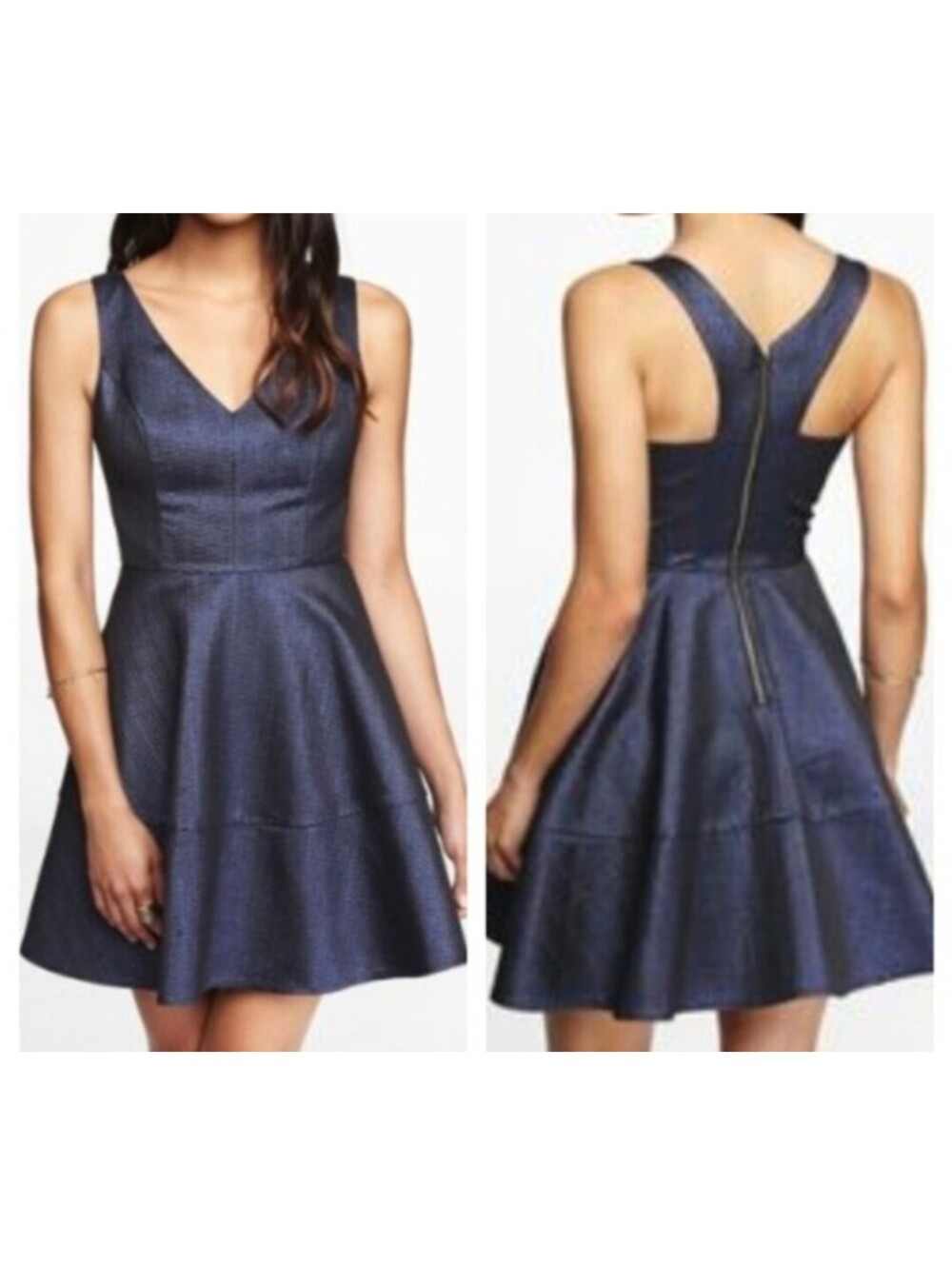 Express Fit & Flare Dress Size 8 Blue Metallic Sleeveless Halter Back Lined